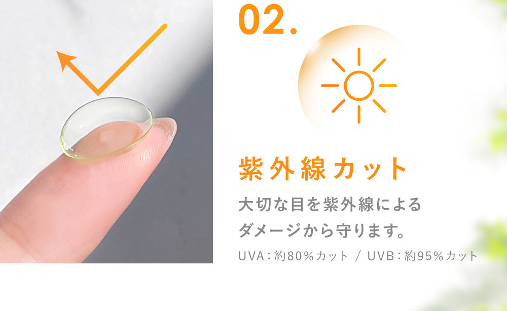 02.紫外線カット 大切な目を紫外線によるダメージから守ります。(UVA:約80%カット / UVB:約95%カット)