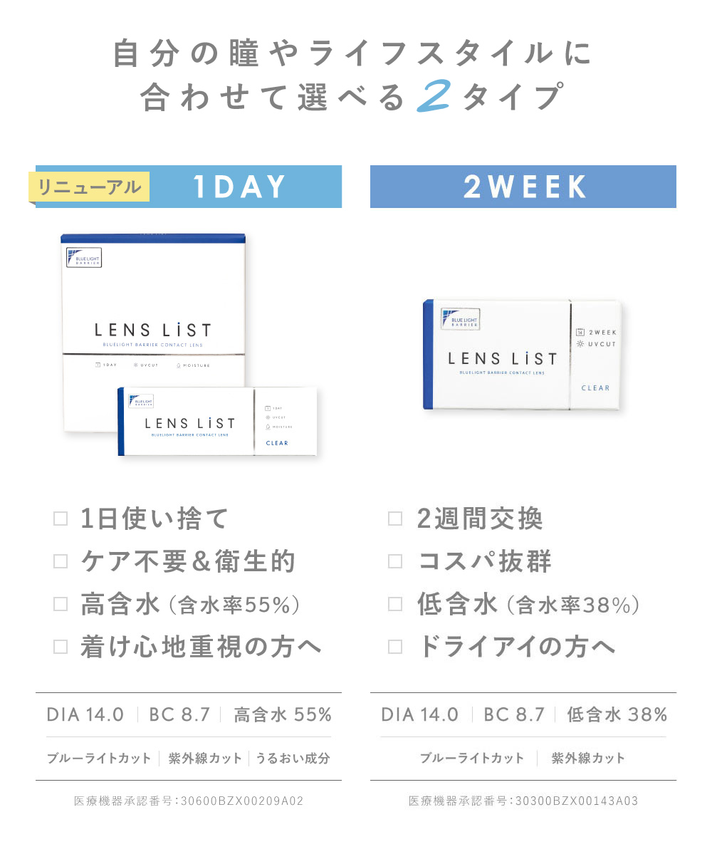 自分の瞳やライフスタイルに合わせて選べる2タイプ