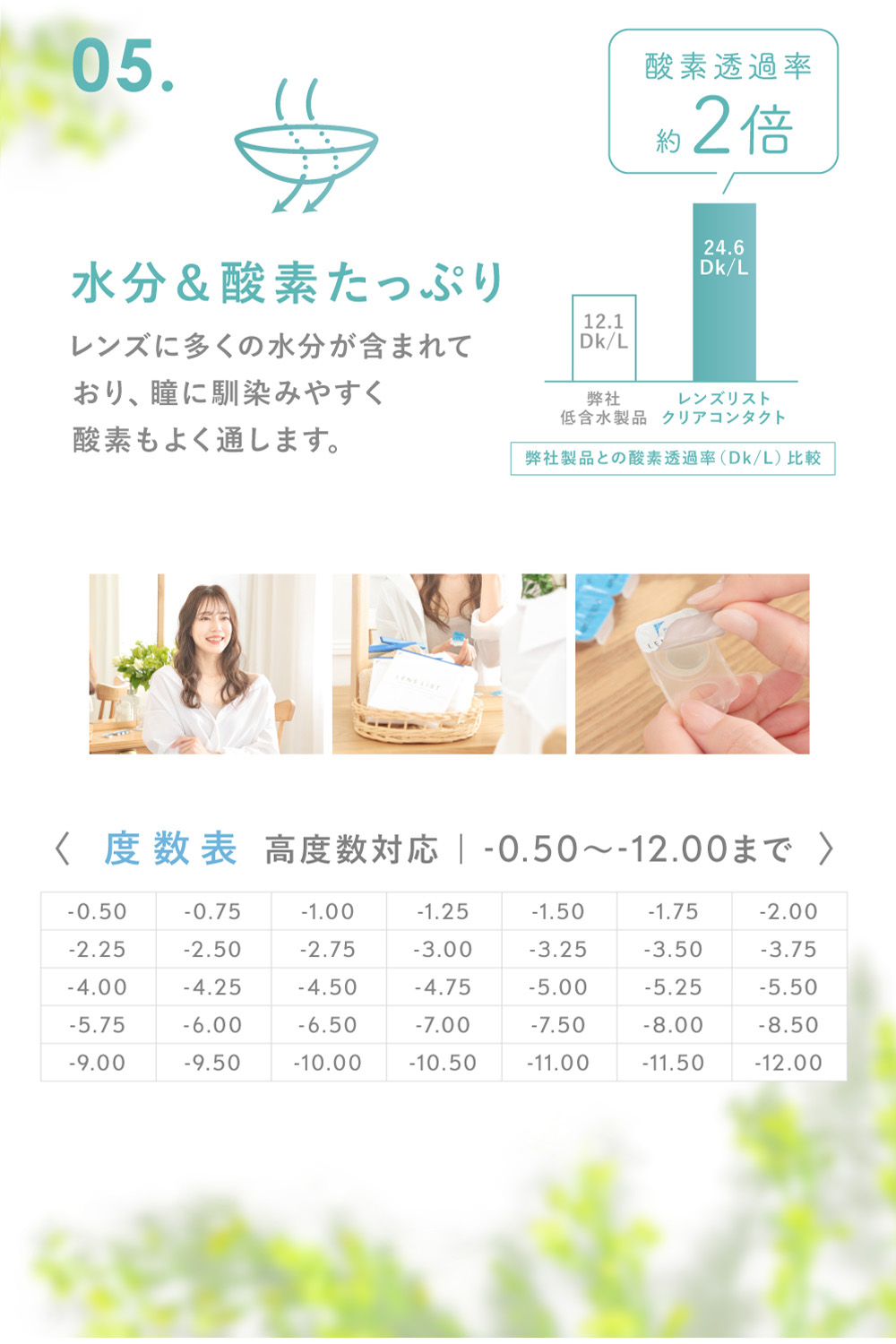 05.水分&酸素たっぷり レンズに多くの水分が含まれており、瞳に馴染みやすく酸素もよく通します。