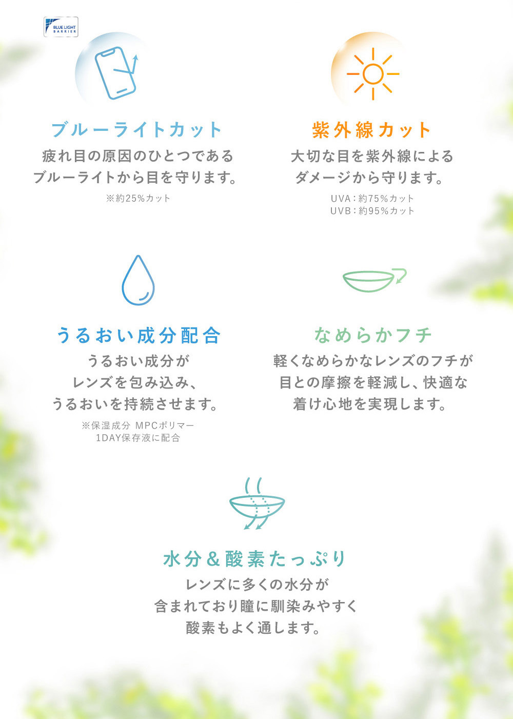 クリアコンタクトレンズ着用イメージ 裸眼のような自然な印象でレンズの色は視界に影響なし! ブルーライトカット 疲れ目の原因のひとつである ブルーライトから目を守ります。 クリアコンタクトレンズ着用イメージ 裸眼のような自然な印象でレンズの色は 視界に影響なし! 紫外線カット 大切な目を紫外線による ダメージから守ります。 うるおい成分配合 うるおい成分がレンズを包み込み、うるおいを持続させます。 なめらかフチ軽くなめらかなレンズのフチが目との摩擦を軽減し、快適な着け心地を実現します。水分&酸素たっぷり レンズに多くの水分が含まれており瞳に馴染みやすく酸素もよく通します。